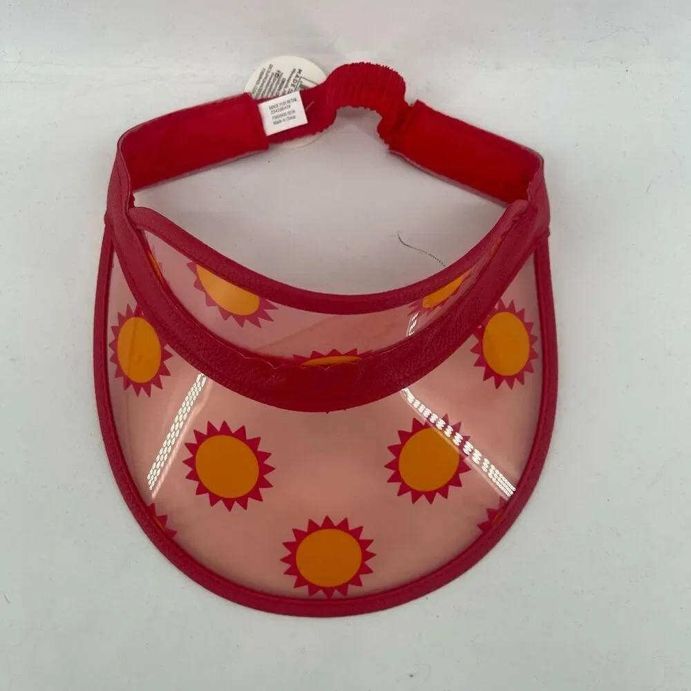 Kids Clear Sun Visor Hat Ages 5–12 – Red Yellow PVC Faux Leather with Sun Print